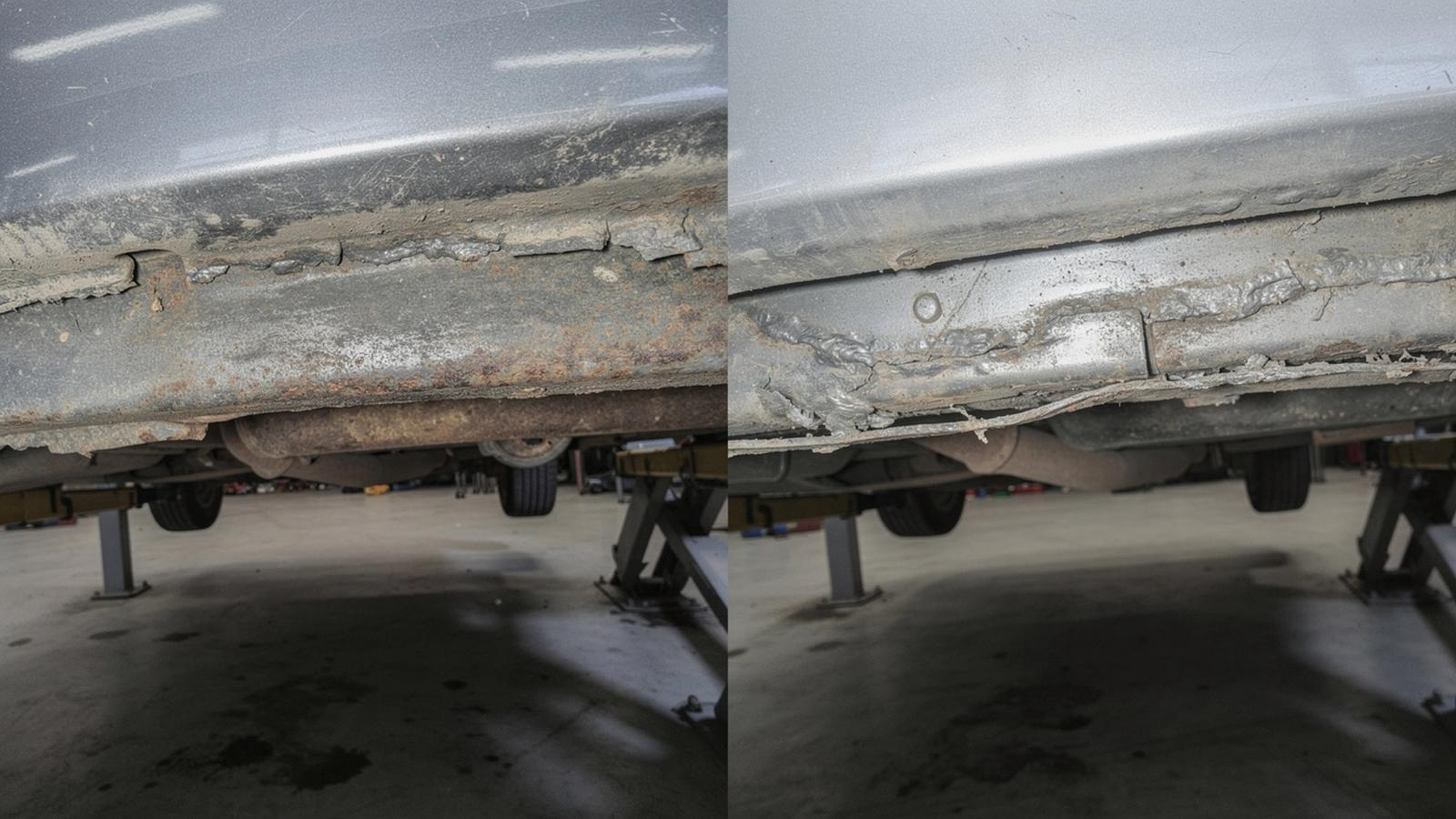 Split-screen underbody photo of a used car with corrosion and sealant defects marked during an inspection