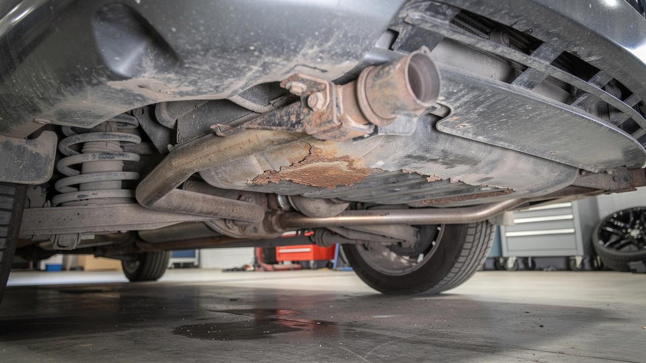 Underbody photo of a used car with numbered markers on subframe corrosion and a leaking shock absorber